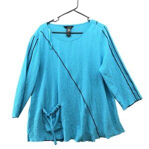 Ali Miles 3/4 Sleeve Top Womens L Seersucker Blue Art To Wear Lagenlook